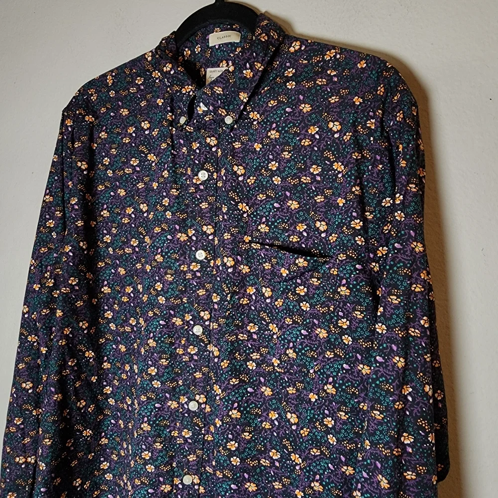 J. Crew Secret Wash Cotton Poplin Long Sleeve Button Shirt Yellow Green Floral M
